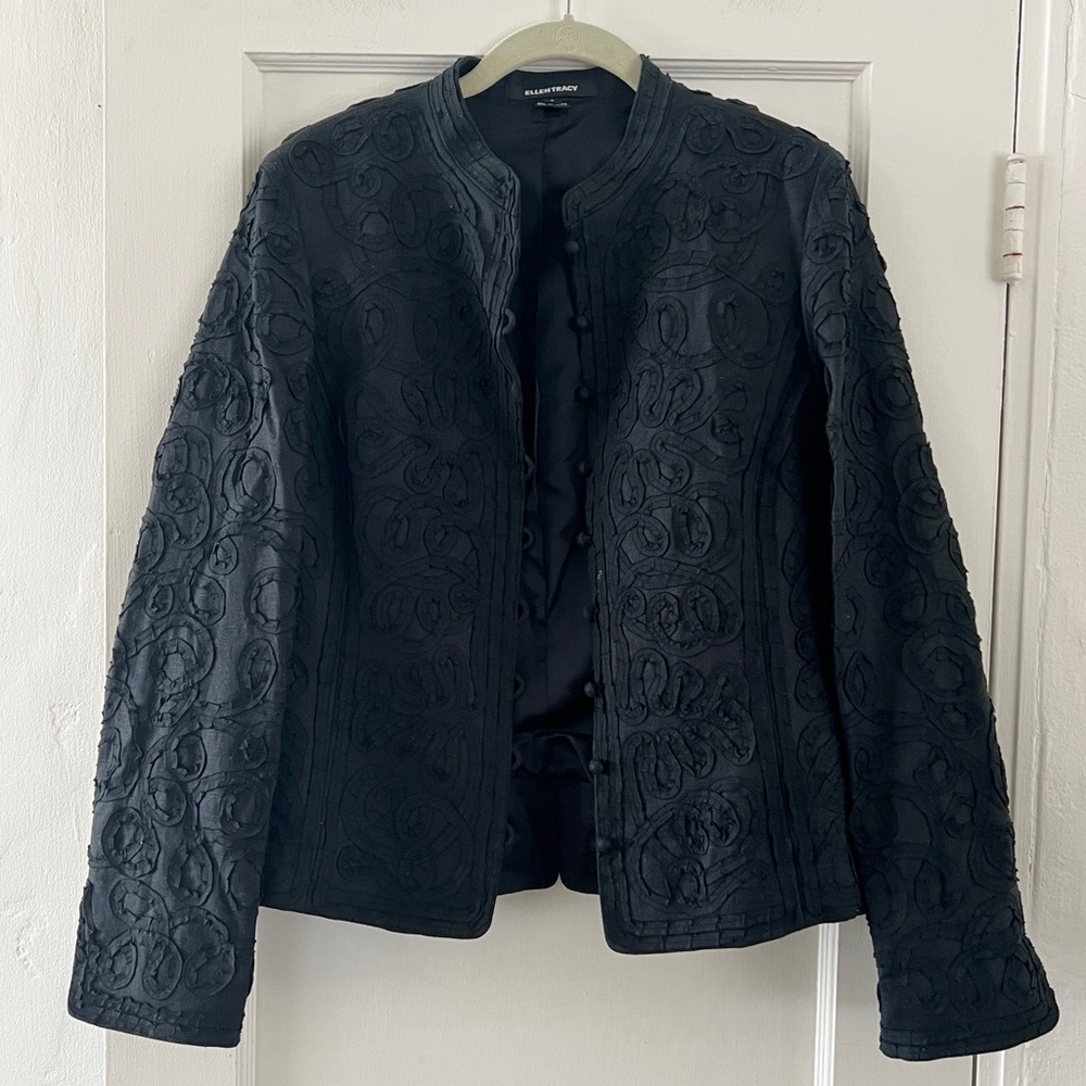 Ellen Tracy Black Evening Jacket Linen Embroidered Swirls Mandarin Collar Sz 8